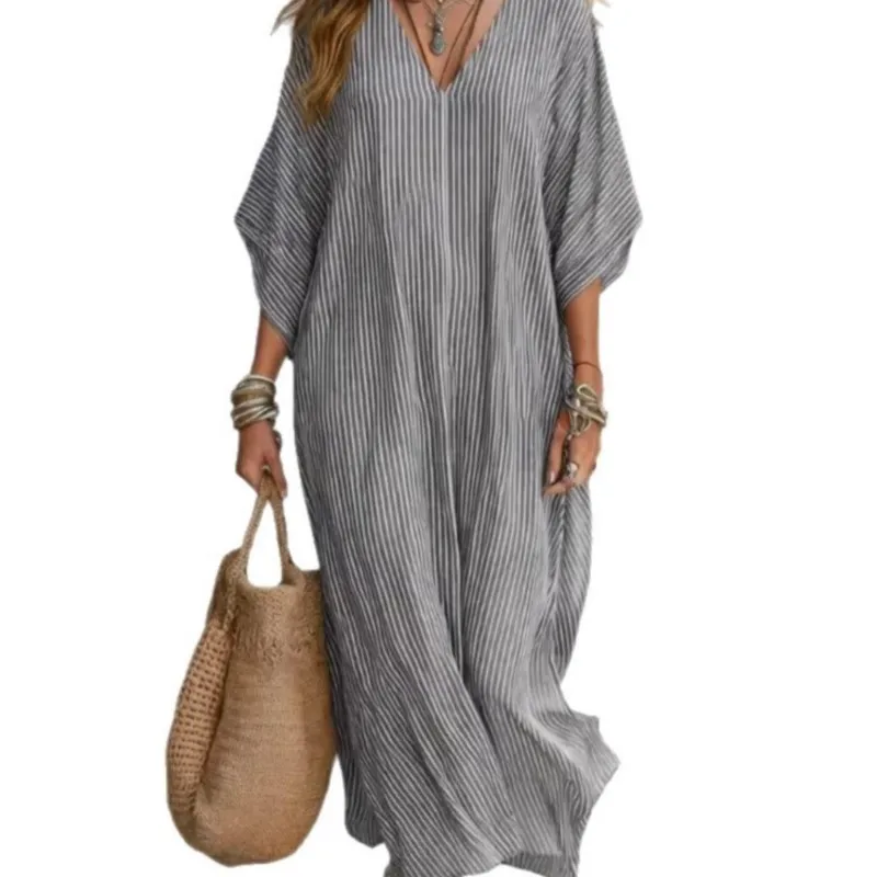Women Fashion New Striped Print Loose Shirt Dresses Summer Casual V Neck Short Sleeve Maxi Dresses Vacation Beach Outfit Clothes