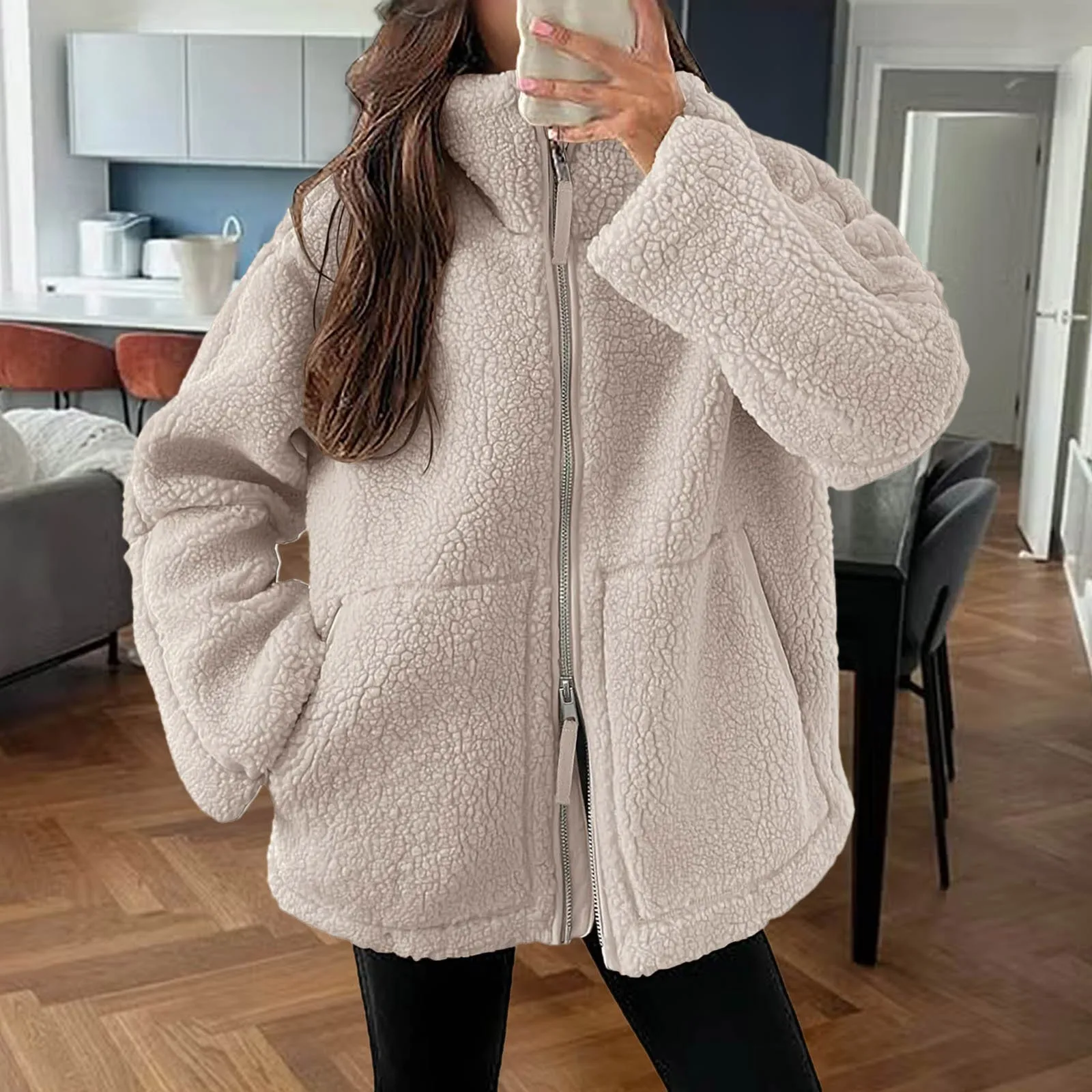 Black Oversize Casual Double Zip Stand Collar Sweatshirts Autumn Winter Warm Wool Lamb Outwears Coat Fuzzy Fleece Jacket Pockets