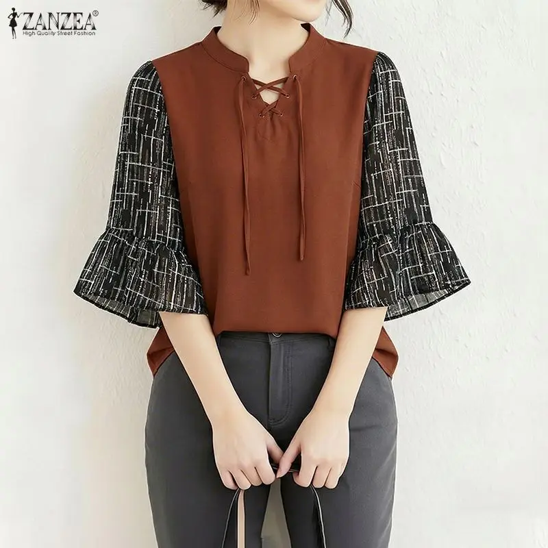 

ZANZEA Women's Printed 3/4 Sleeve Blouses Elegant Lace-Up V-Neck Patchwork Tops 2026 Spring Summer Woman Clothing Blusas Mujer