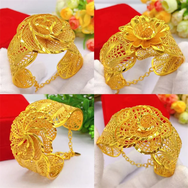 

AU999 Женский браслет вьетнамской цепочки из 24-каратного золота с цветком — открытый дизайн + микроинкрустация лепестками, универсальный элегантный вариант для ежедневных поездок на работу