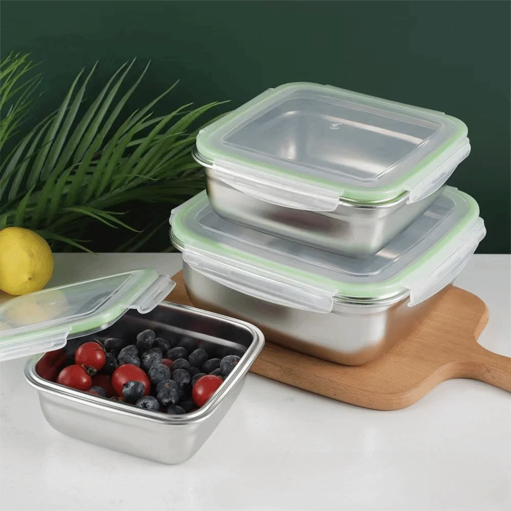 304 Stainless Steel Square Fresh-keeping Box Leak-proof Rust-proof Food Storage Container Sealed Lid Large Capacity