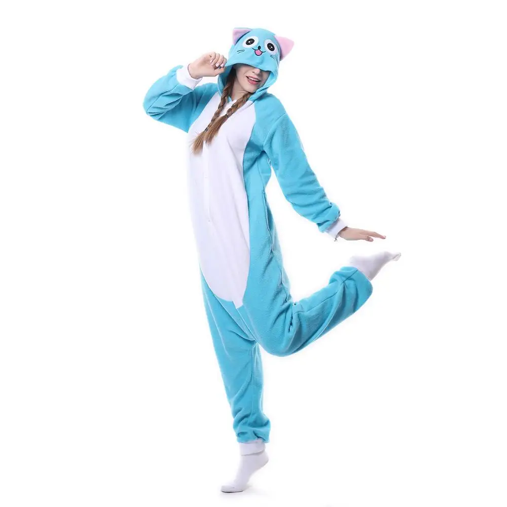 Inverno adulto donna animale Anime coda di fata felice blu gatto pigiama Halloween festa di natale tutine Cosplay pigiama vestito operato