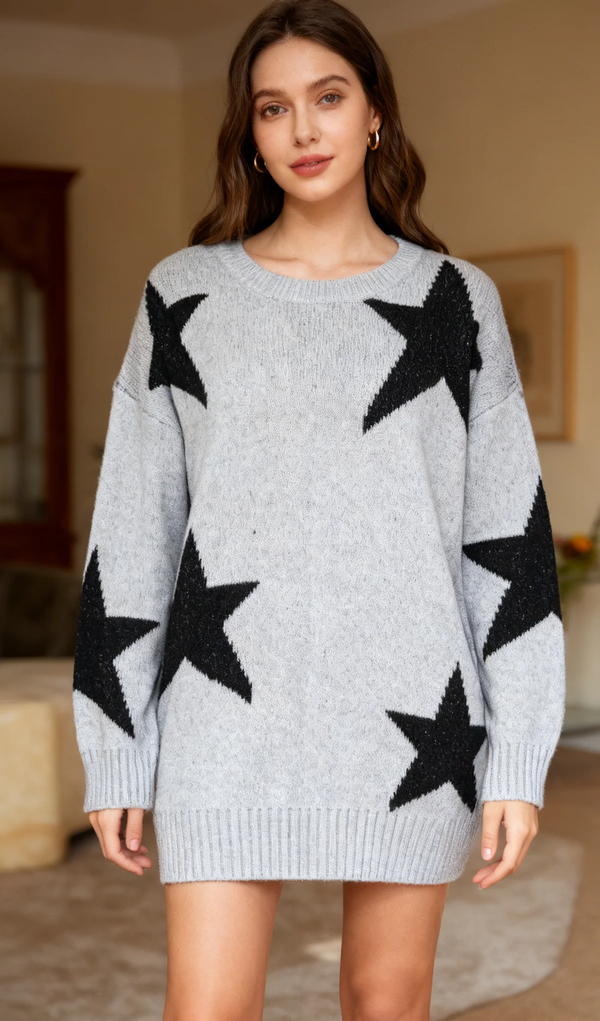 حجم كبير 1XL-5XL الخريف جديد المرأة نجوم سترة جاكار فضفاضة طويلة الأكمام سيدة س الرقبة البلوز