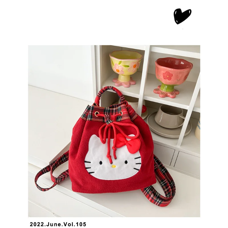 Sanrio Hello Kitty Vintage rojo a cuadros moda mochila Universidad viento rojo pequeño ligero Casual salir niñas bolso de escuela