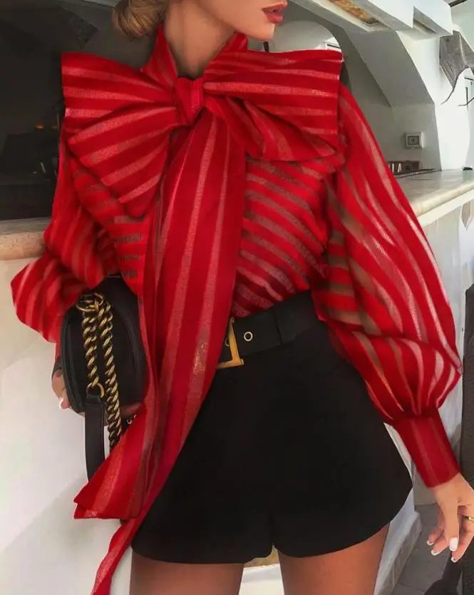 

Female Sexy Elegant Shirt Mesh Stripe Transparent Bow Decoration Lantern Sleeve Shirt New Fashion 2024 Summer Casual T-Shirt