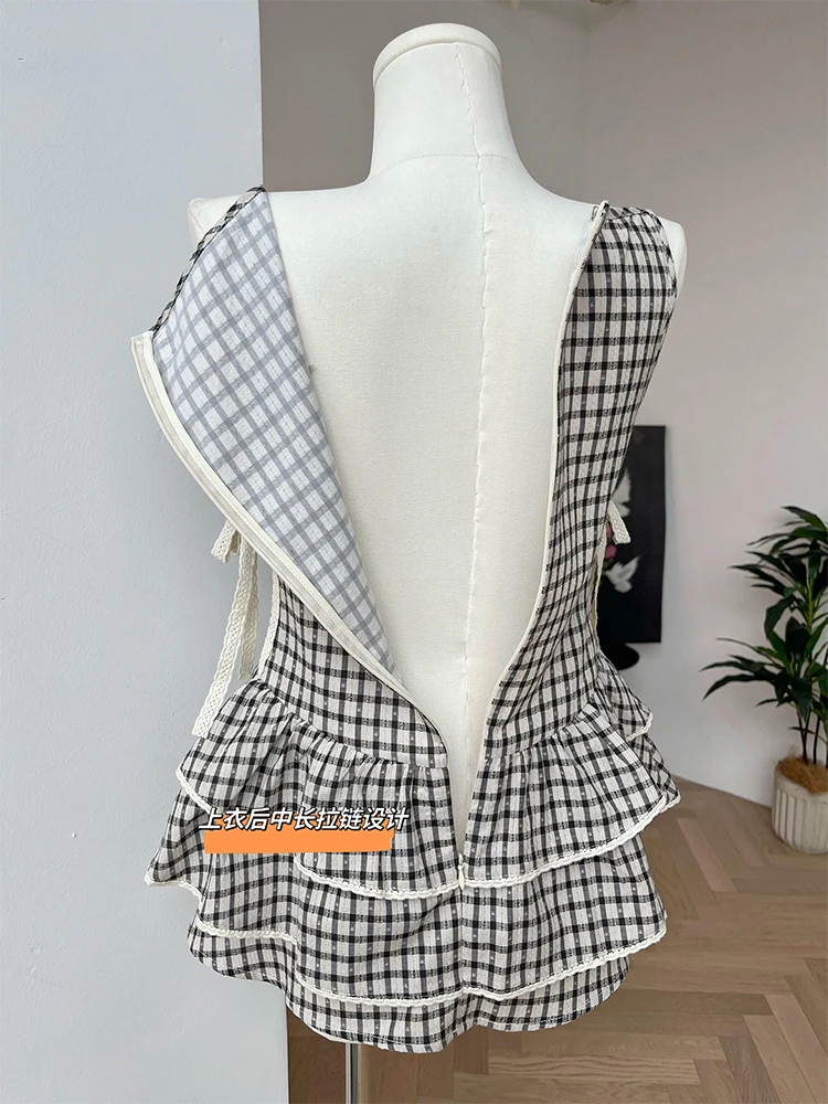 Summer Women Korean Fashion Cute Core Mori Girl Suit Birthday Vacation Plaid Outfits 2 Piece Set Vintage Camisole + Gyaru Shorts