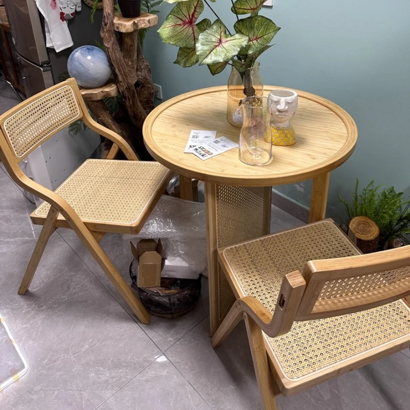 

Small Family Dining Chairs Natural Bamboo Backbest Seat Resin Rattan Weaving Dressing Stool Folding Storage Modern Furniture