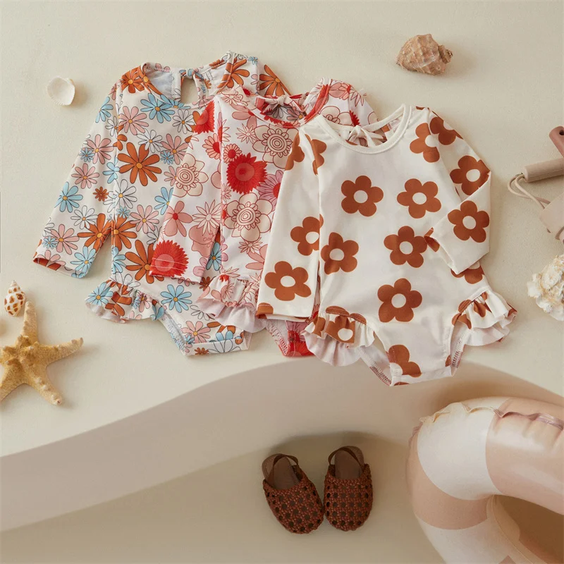 Tregren Toddler Baby Girls Spring Summer Romper Swimwear Long Sleeve O Neck Floral Swimsuit Beach Pool Hot Spring Bathing Suits