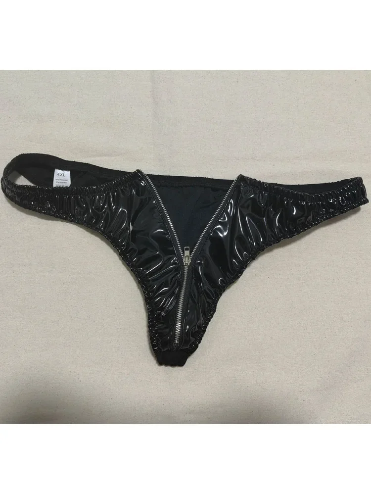 Men's Briefs Wet Look PVC Jockstrap Zipper Shiny PU Leather Tanga Bikini Mens Thongs G Strings Briefs Underwear Lingerie