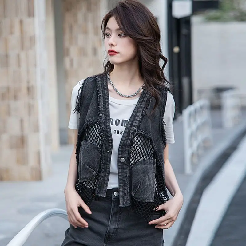 Women Denim Hollow Out Patchwork Short Vest New Big Size V-neck Sleeveless Loose Trendy Spring Summer Denim Tank Tops Streetwear