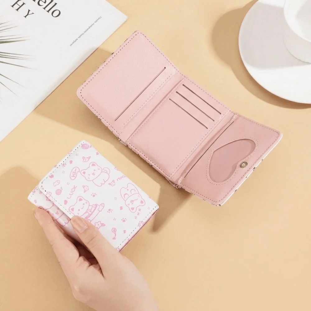 Fashion PU Leather Short Wallet Cartoon Cat Multi-functional Coin Purse Foldable Money Bag