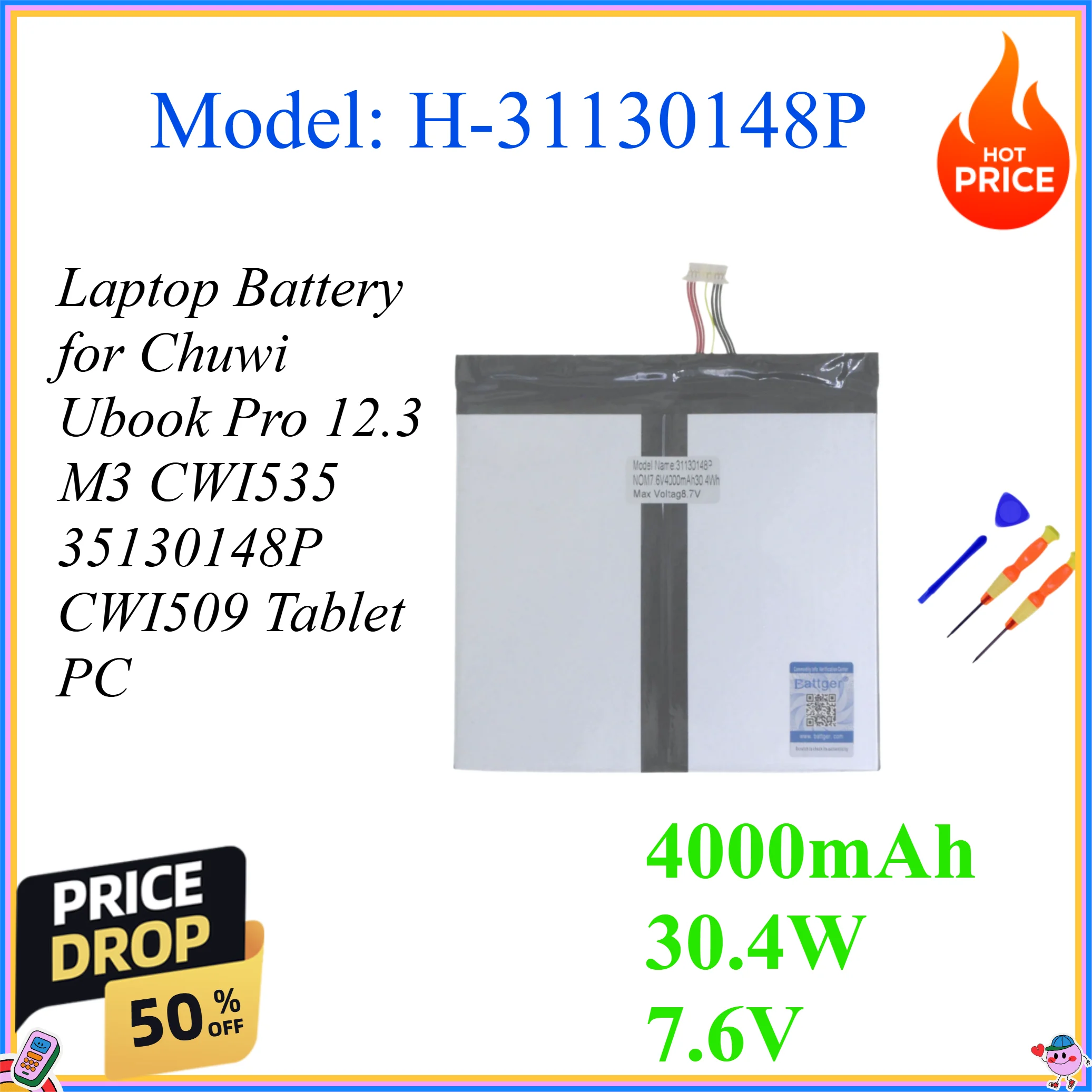 

4000mAh 30.4W H-31130148P 7.6V Laptop Battery for Chuwi Ubook Pro 12.3 M3 CWI535 35130148P CWI509 Tablet PC Battery
