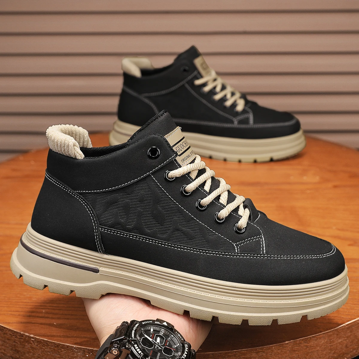 Bottes de travail antidérapantes pour hommes, chaussures décontractées résistantes à l'usure, bout rond, semelle extérieure en caoutchouc, chaussures de Sport supérieures en cuir antidérapantes