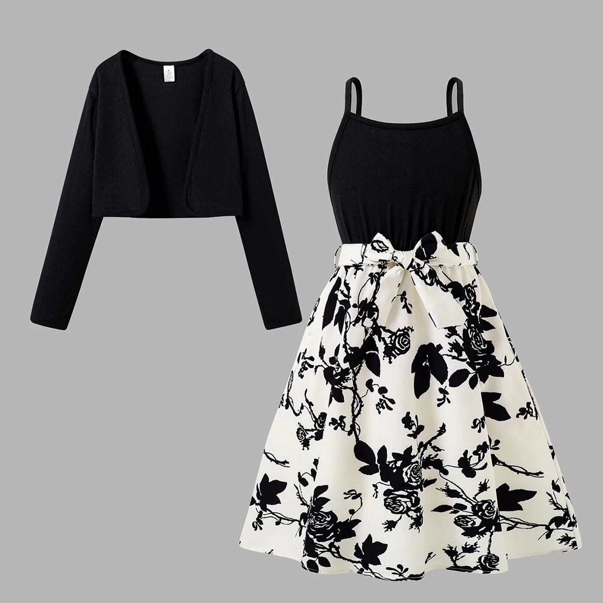 Frühling Herbst Mädchen Elegante Casual Kleid Set Schwarz Schal Kurzen Mantel + Tinte Malerei Rose Print Hohe Taille Gefaltetes Kleid