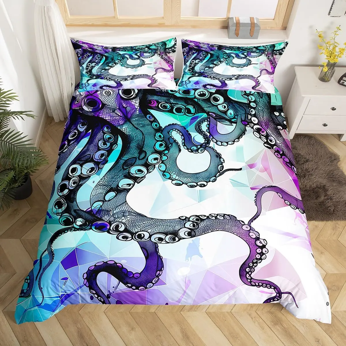 Octopus Duvet Cover,Tentacles Bedding Set Sea Animal Underwater World Quilt Cover Nautical Ocean Theme Comforter Cover Full King