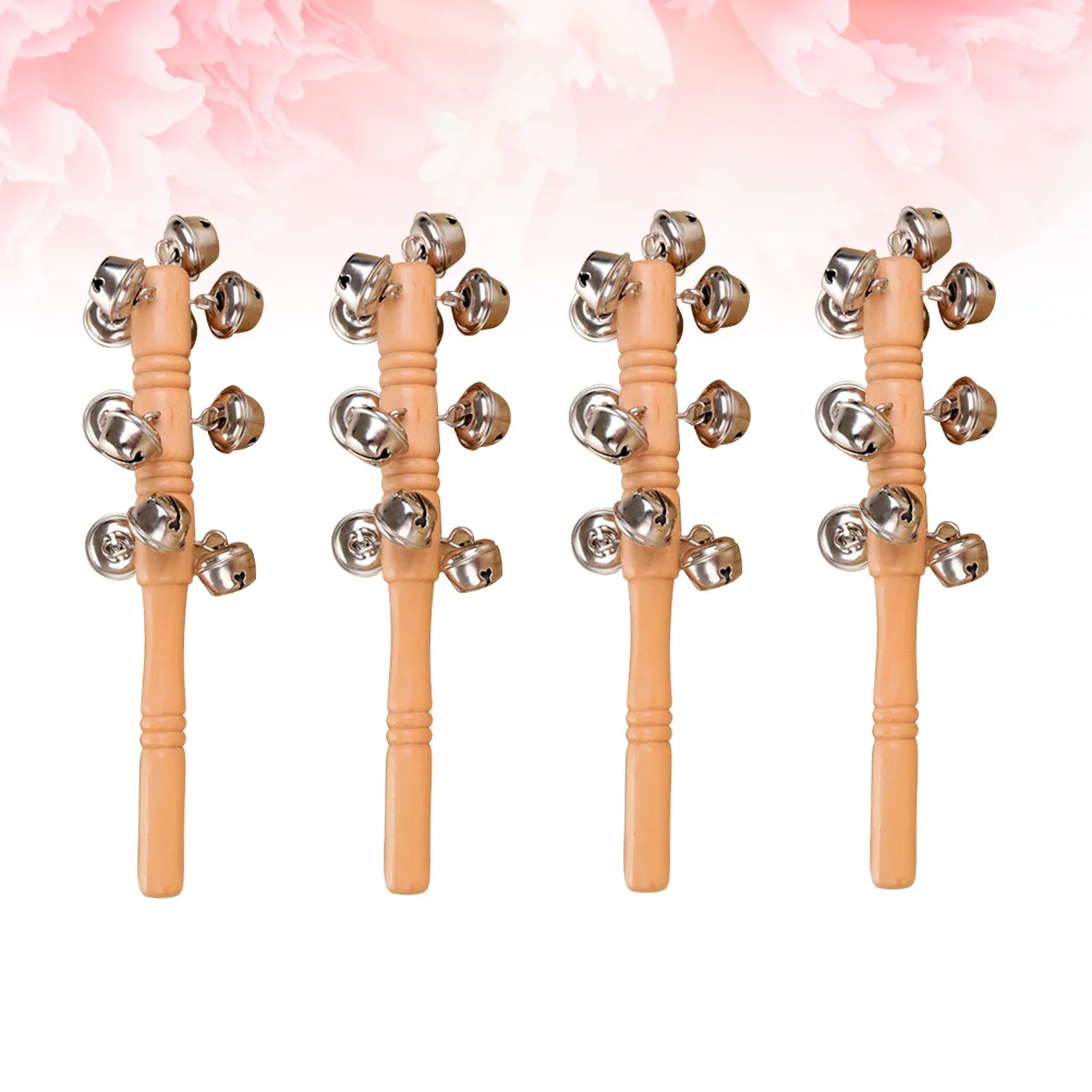 4pcs Baby Rattles Wooden Handle Rattles Baby Bell Handbells Prelearning Toys Hand Shaking Bell Music Toy (Wood Color)