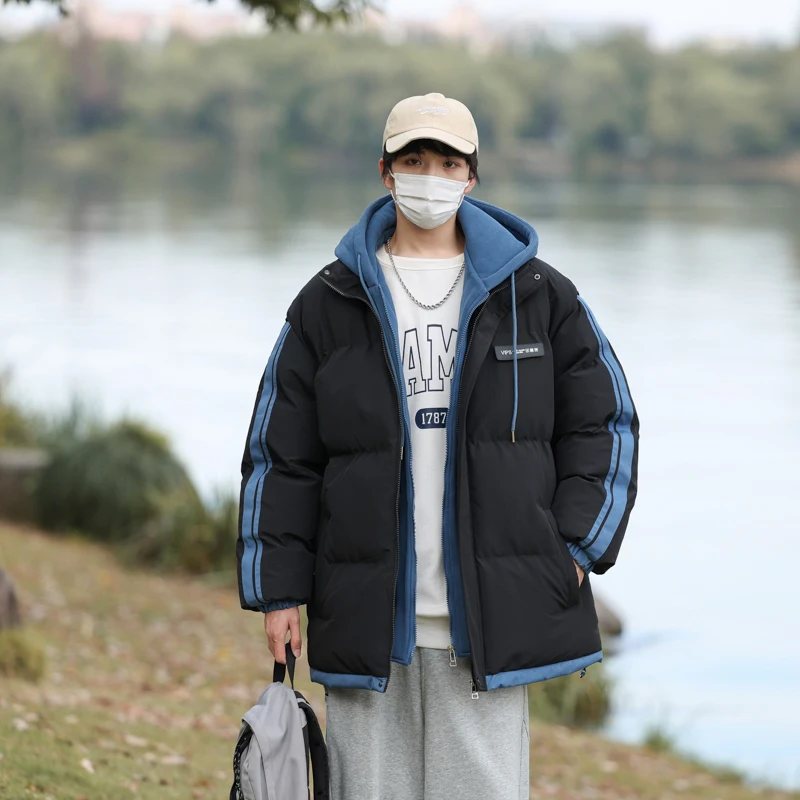 Men's Winter Hooded Jacket Y2k Harajuku Style Thick Windproof Comfortable Outdoor Fishing Coat Fake Two Piece Men's Clothing