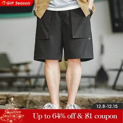 Maden Men Summer Lightweight Large Pockets Shorts Black Mid-rise Straight Knee Length Pants Elastic Waist Men's Work Pants