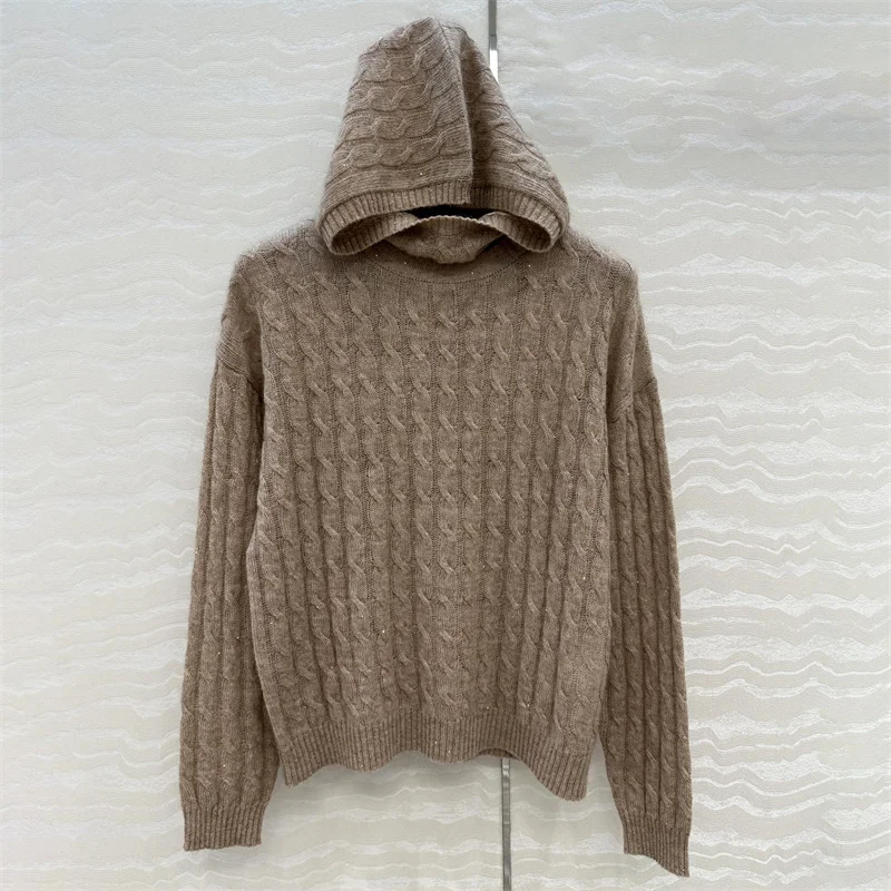 

Women's sweater New elastic knitted slim fit hooded pullover for autumn 2025 wool blend knitwear Sequin blend long sleeved top