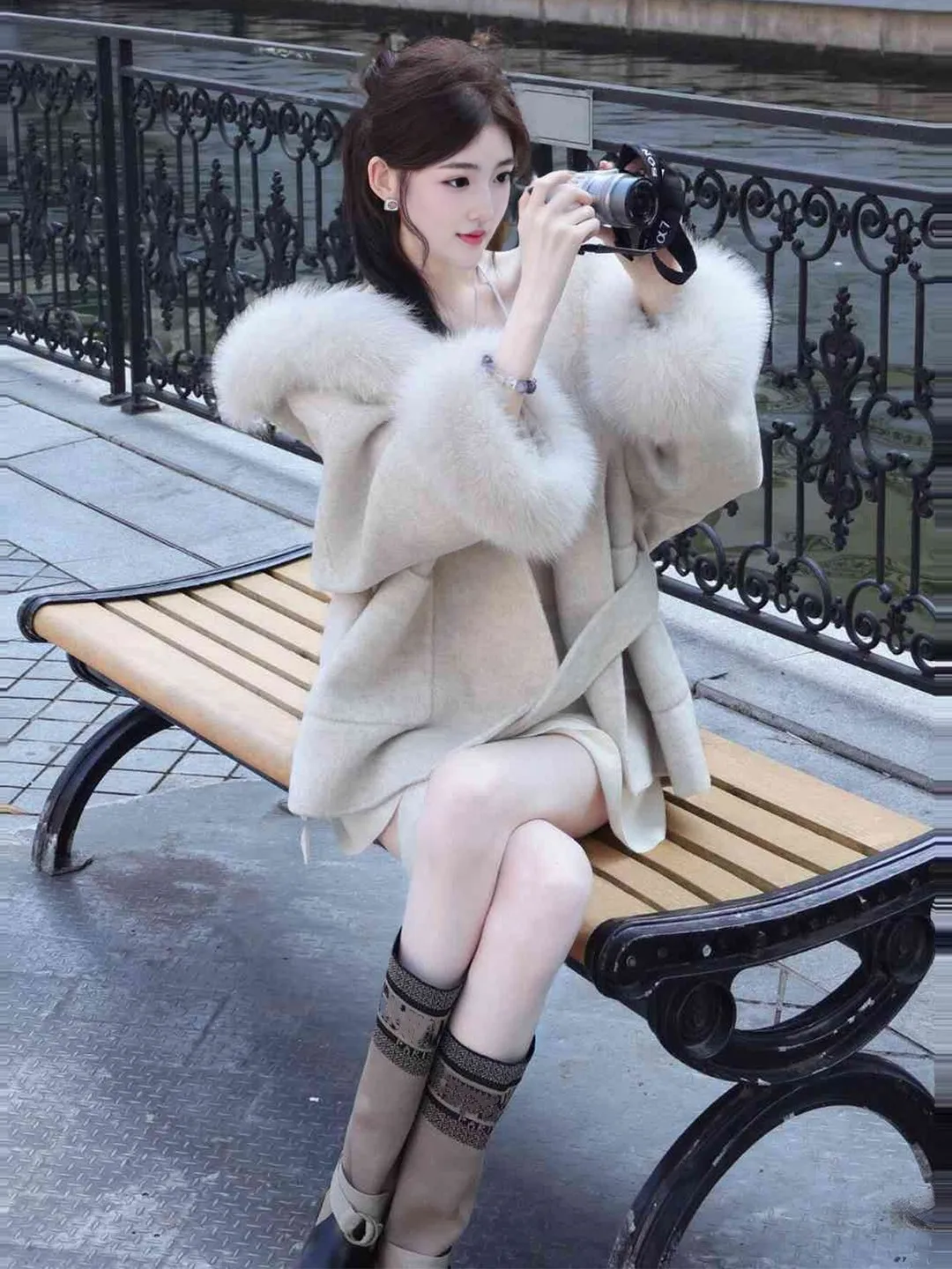 Elegant White Fur Collar Hooded Woolen Coat Unique Stylish Korean Style Loose Fit Long Sleeve Pure Color Autumn Outerwear