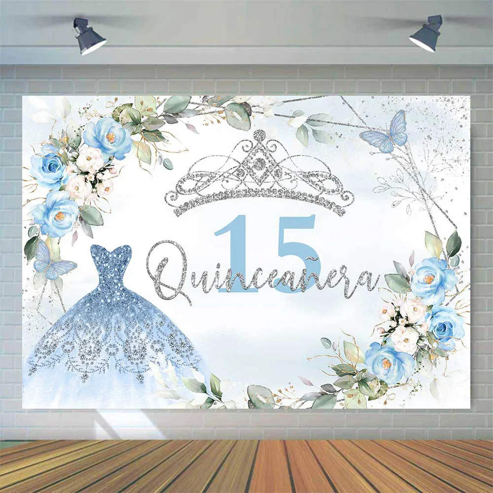 Mocsicka Quinceanera Girl 15th Birthday Party Photo Background Decor Princess Dress Sweet Fifteen Birthday Backdrop Crown Flower