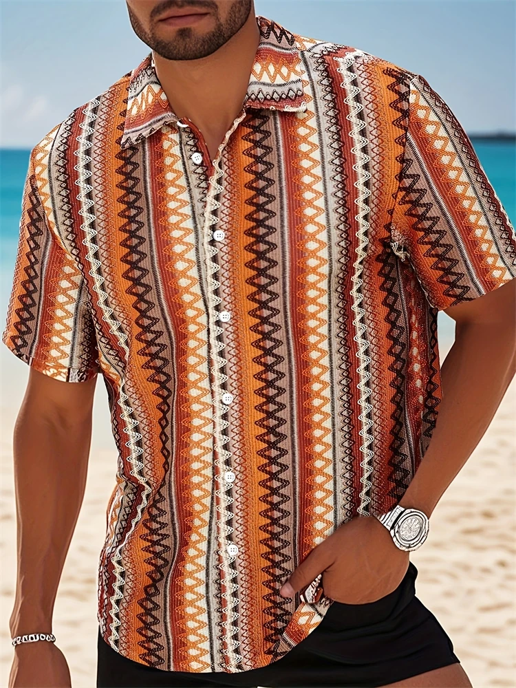 

2025 г., мужская винтажная цветная полосатая рубашка с короткими рукавами и воротником, повседневная летняя пляжная одежда, рубашка стандартного кроя на пуговицах спереди