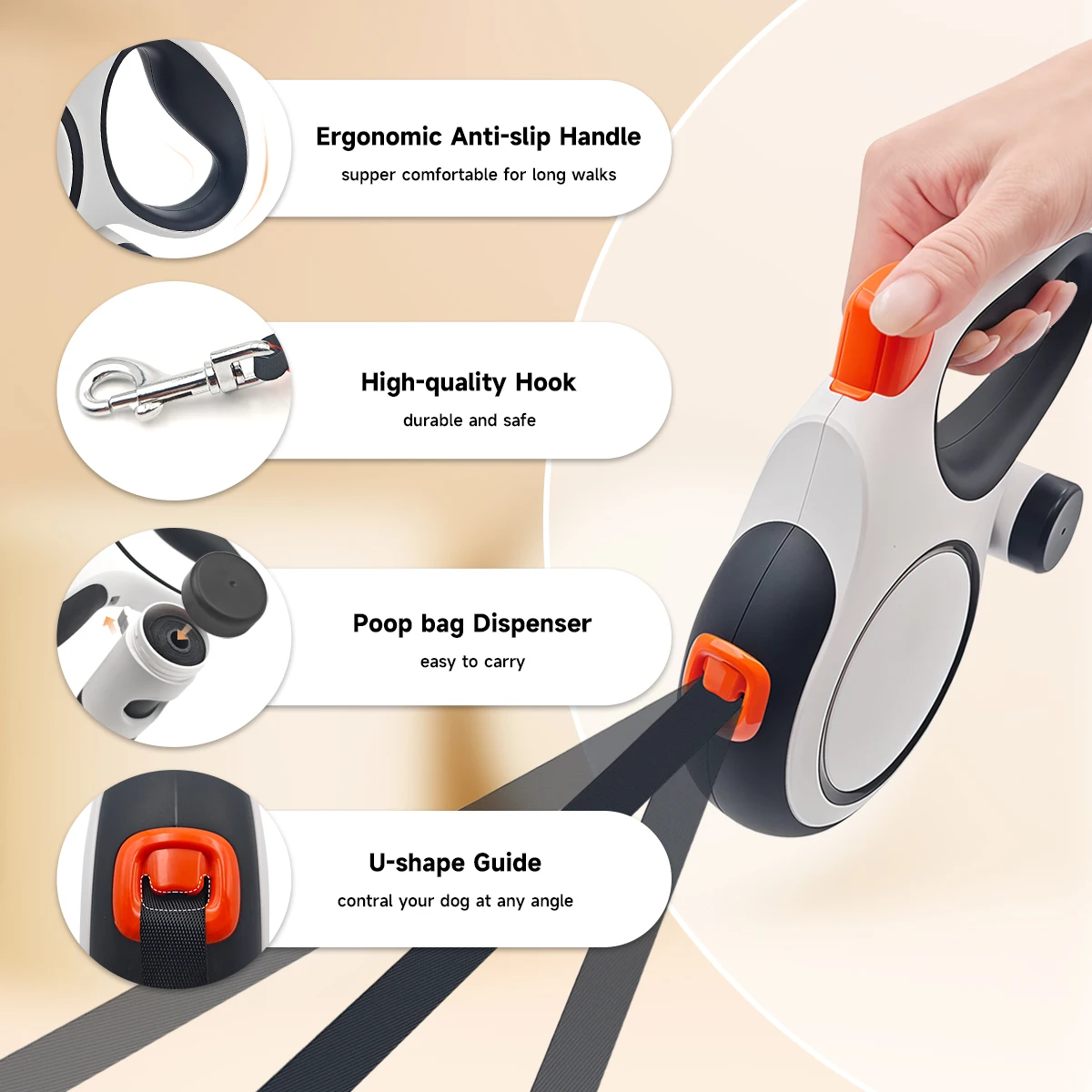 مقود كلب قابل للسحب بطول 26 قدم، مع حامل كيس قمامة محمول مرفق، مقود مشي للكلاب الأليفة