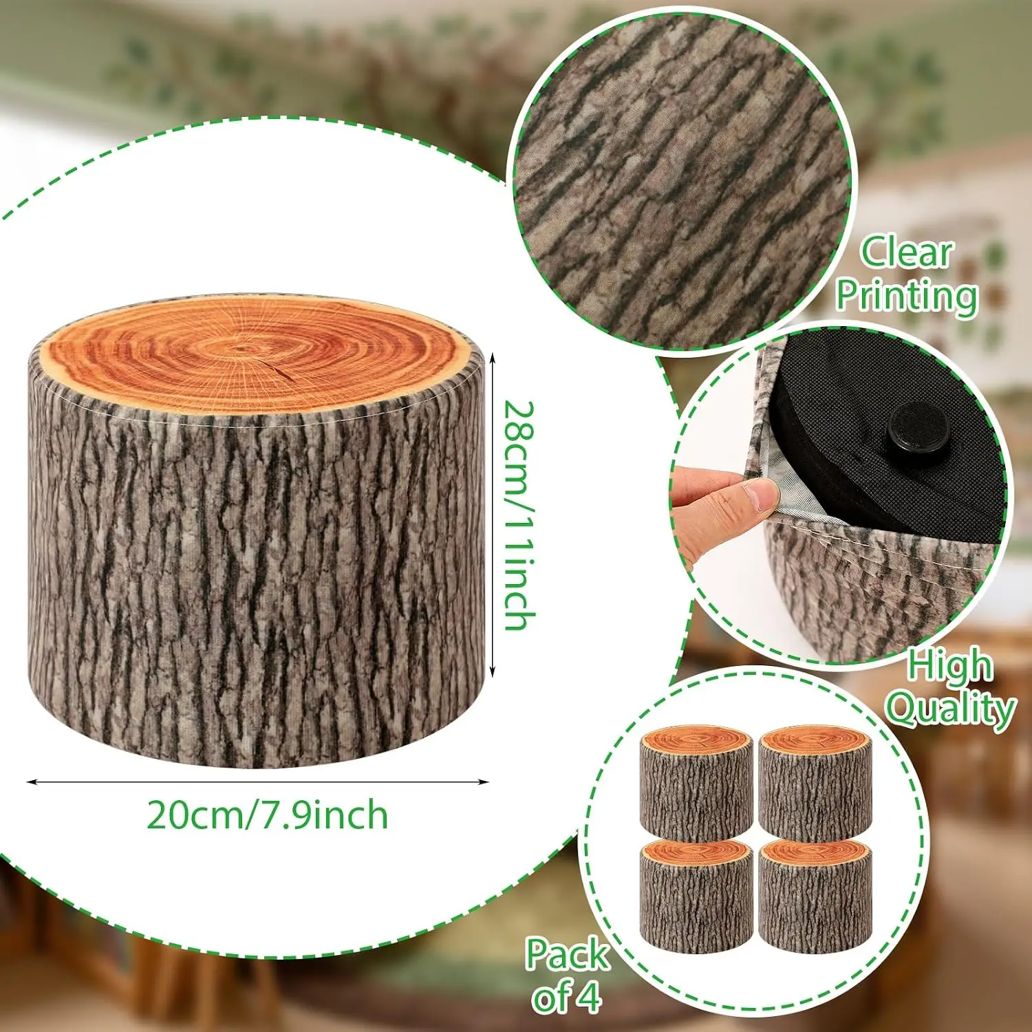 4 Pcs Tree Stump Stool Round Throw Pillows Wood Floor Cushions Classroom Tree Stump Flexible Seating Wood Grain Print Reading Co