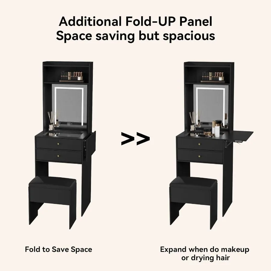 مجموعة مكتب صغيرة الحجم مع 3 مرايا مضاءة قابلة للتعديل وكرسي تخزين لغرفة النوم صغيرة للمكياج باللون الأسود مع F #4