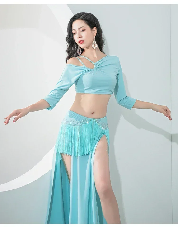 Novo conjunto de dança do ventre feminino dinâmico borla quente diamante split 2 peças conjunto prática dança oriental conjunto desempenho roupas
