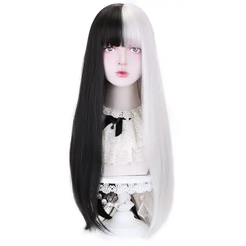 Imagen 2 del producto Peluca de Cosplay de Anime para mujer, pelo sintético resistente al calor, medio negro, medio blanco con flequillo, peluca larga y recta para Halloween
