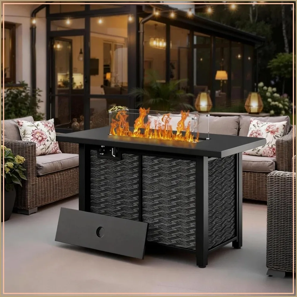 43 in Propane Fire Pit Table with Glass Wind Guard, 50,000 BTU Outdoor Gas Fireplace