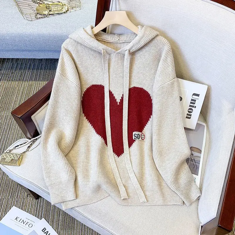 Autumn Winter Fleece Casual Drawstring Long Sleeve Pullovers Women Clothing Fashion Printing Pullover Knitting Hooded Sweater