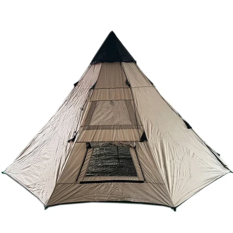 Convenient Outdoor Camping Pyramid Tent for 6 People Single Layer with Hooded Top Made of Durable Polyester