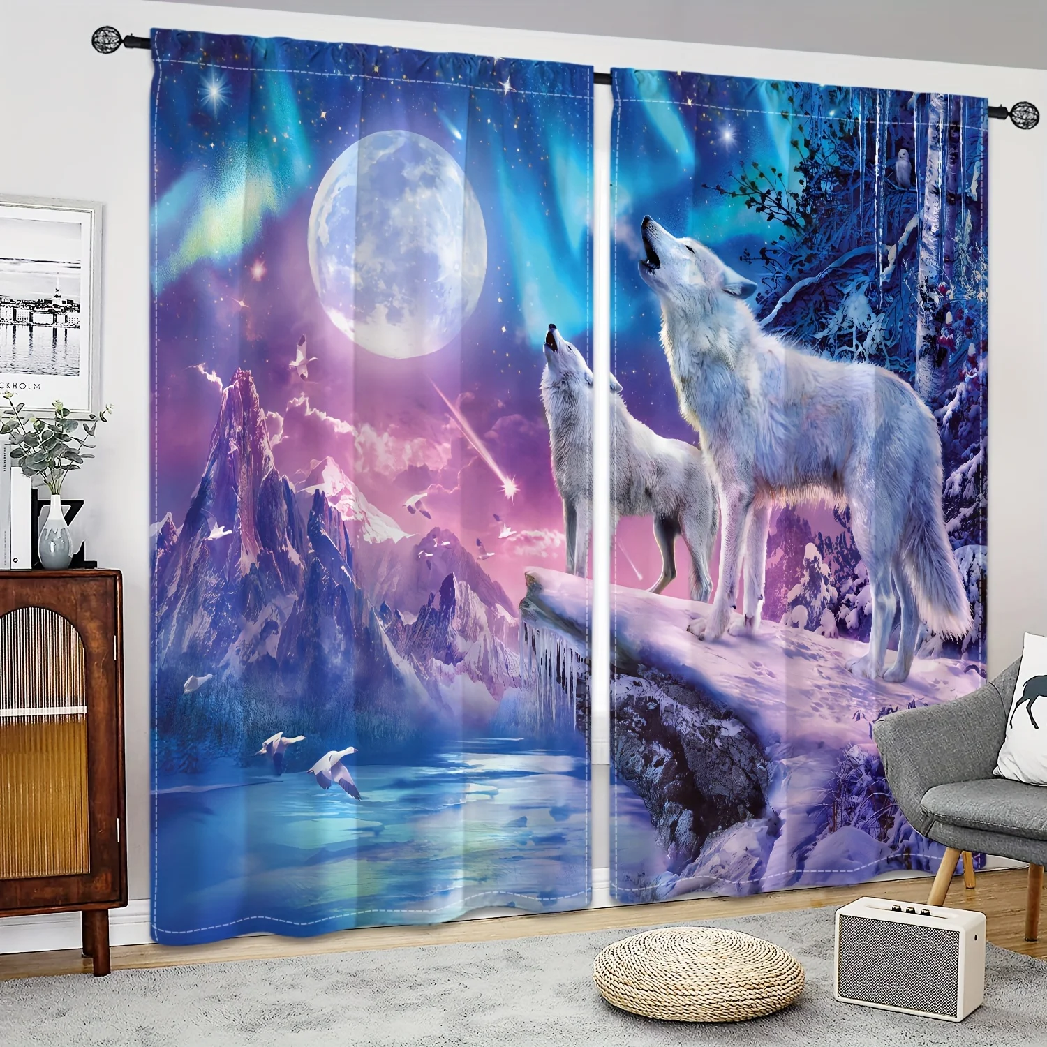 

Wild Wolf Animal Round Shiny Moon Cheap Window Curtains Blinds For Living Room Kids Bedroom Bathroom Kicthen Door Home Decor2Pcs