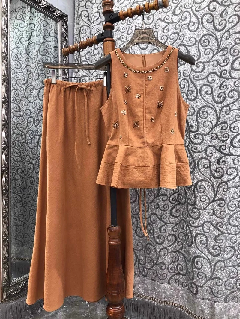 

Top Quality Women's Set 2025 Spring Summer Clothing Sets Lady Beading Deco Cotton Linen Tops+Long Maxi Skirt Suit Two Piece Set