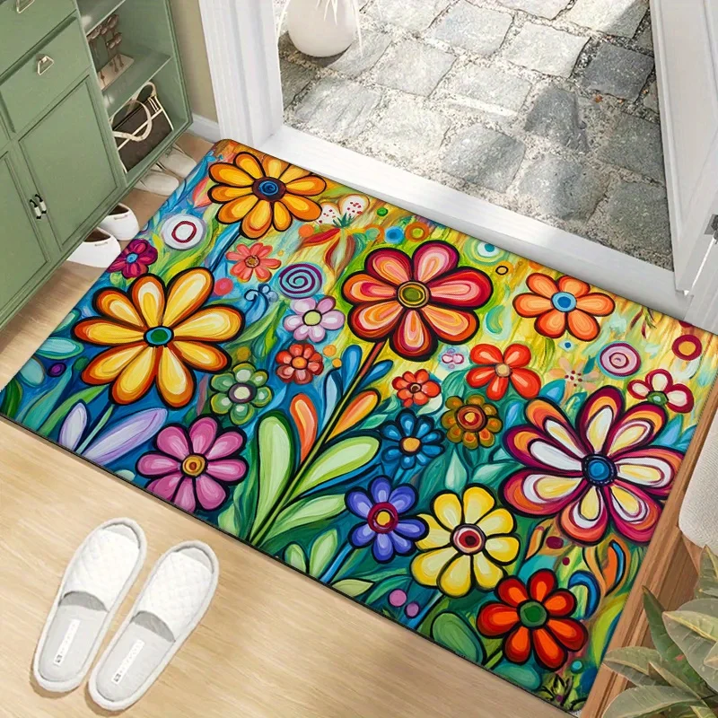 

1 шт., винтажный мягкий толстый фланелевой губчатый коврик с цветным цветочным узором — 0,47 дюйма, нескользящий, можно стирать в машине, устойчивый к выцветанию пол A