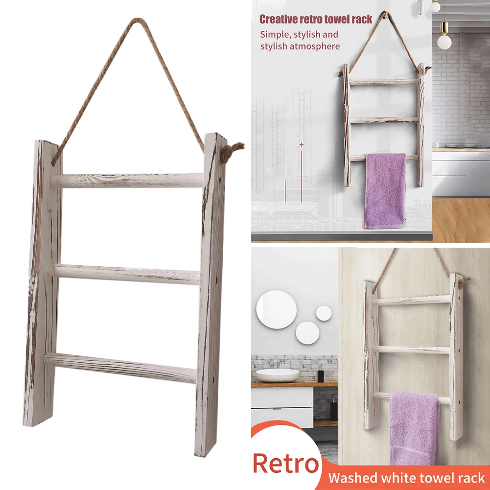 3 Tiers Storage Ladder Bathroom Wooden Towel Rack Blankets With Rope Living Room Mini Whitewashed Retro Wall Hanging Home Decor