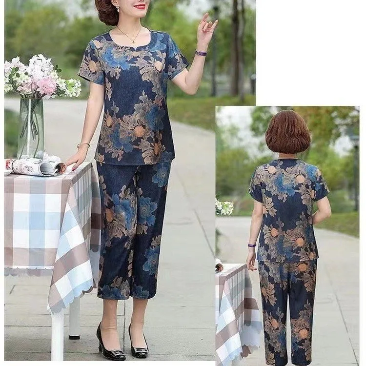 Middle-aged Women Clothing Summer Sets Womens Print Short Sleeve T-shirt and ​Pants Loose Woman Suit