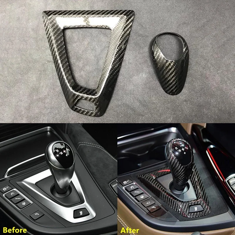 2Pcs Real Carbon Fiber Gear Shift Knob Handle Cover Panel Trim For-BMW M2 F87 M3 F80 M4 F82 M5 F10 F85 X5M X6M F12