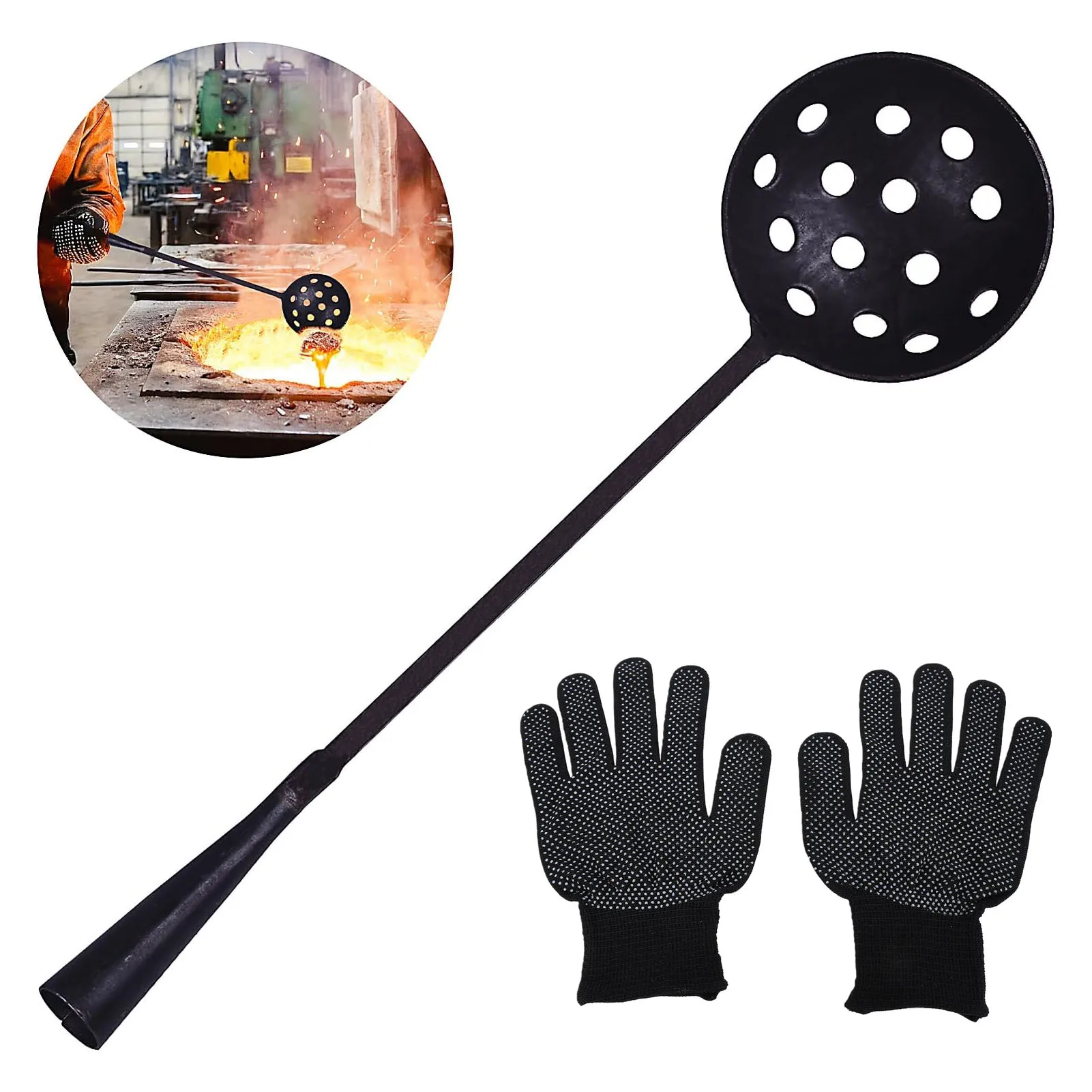 Casting Slag Skimmer with Non Slip Gloves 3.9 Inch Skimmer Ladle 16.5 Inch Handle for Metal