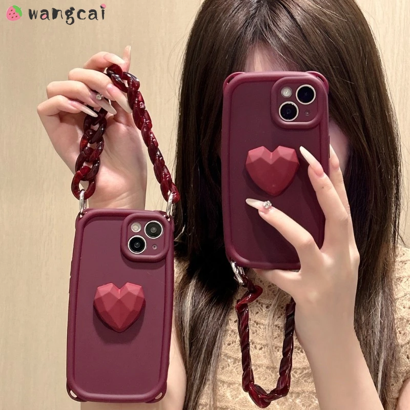 3D Stereo Heart Phone Case For Vivo V29 V27 V23 V21 V21S V20 Y19 X90S X90 Pro X80 X70 X60 Casing Wine Red Lanyard Bracelet Case