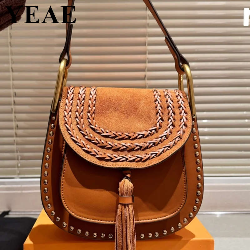 Genuine Leather Saddle Metal Rivet Armpit Bags Women 2023 Tassel Shoulder Crossbody Bag Ladies Vintage Underarm Handbags bolsa