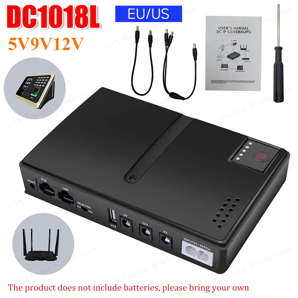 DC1018L 5V/9V/12V Large Capacity Large Capacity UPS Backup Power Adapter Uninterruptible Power Supply for WiFi Router Speaker