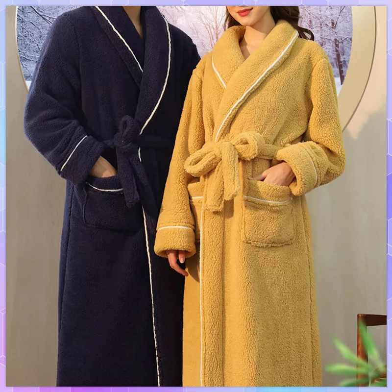 

Winter Kimono Robe Women's Pajamas Bathrobe Long Sleeve Men's Warm Turn Down Collar Fluffy Bathrobe Solid Fleece Dressing Gown