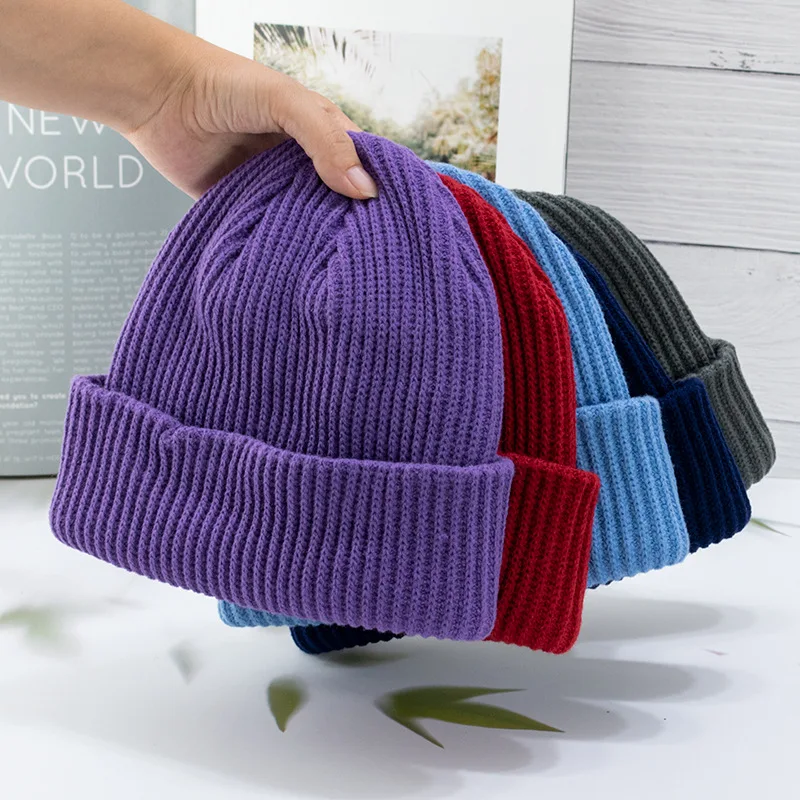 Custom Knit Beanies Autumn and Winter Solid Elastic Color Striped Knitted Beanie Skull Hat Embroidery Hats With Custom Logo