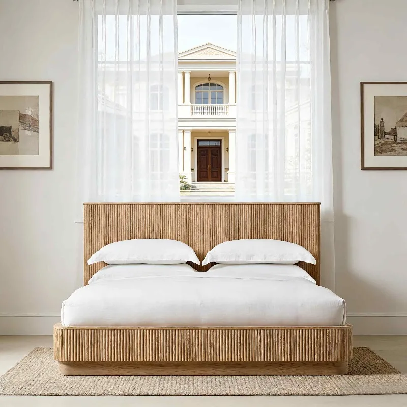 Solid Wood Bed Frame Full Size Modern Nordic Design Wooden Beds with Heavy Duty Support Bedroom Furniture Set for Master Bedroom