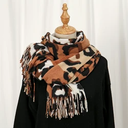 Newest Imitation Cashmere Tassel Scarf Leopard Print Color Blocks Splicing Together Shawl Wrap Winter Warm 2024 Hot Sale Scarf