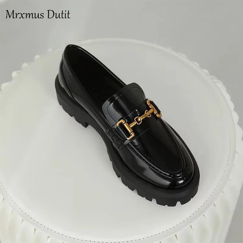 Mrxmus Dutit 2022 New Women Genuine Leather Round Head Thick Loafer Shallow Black Wild Casual Simple Slip-on Shoes Female Chic