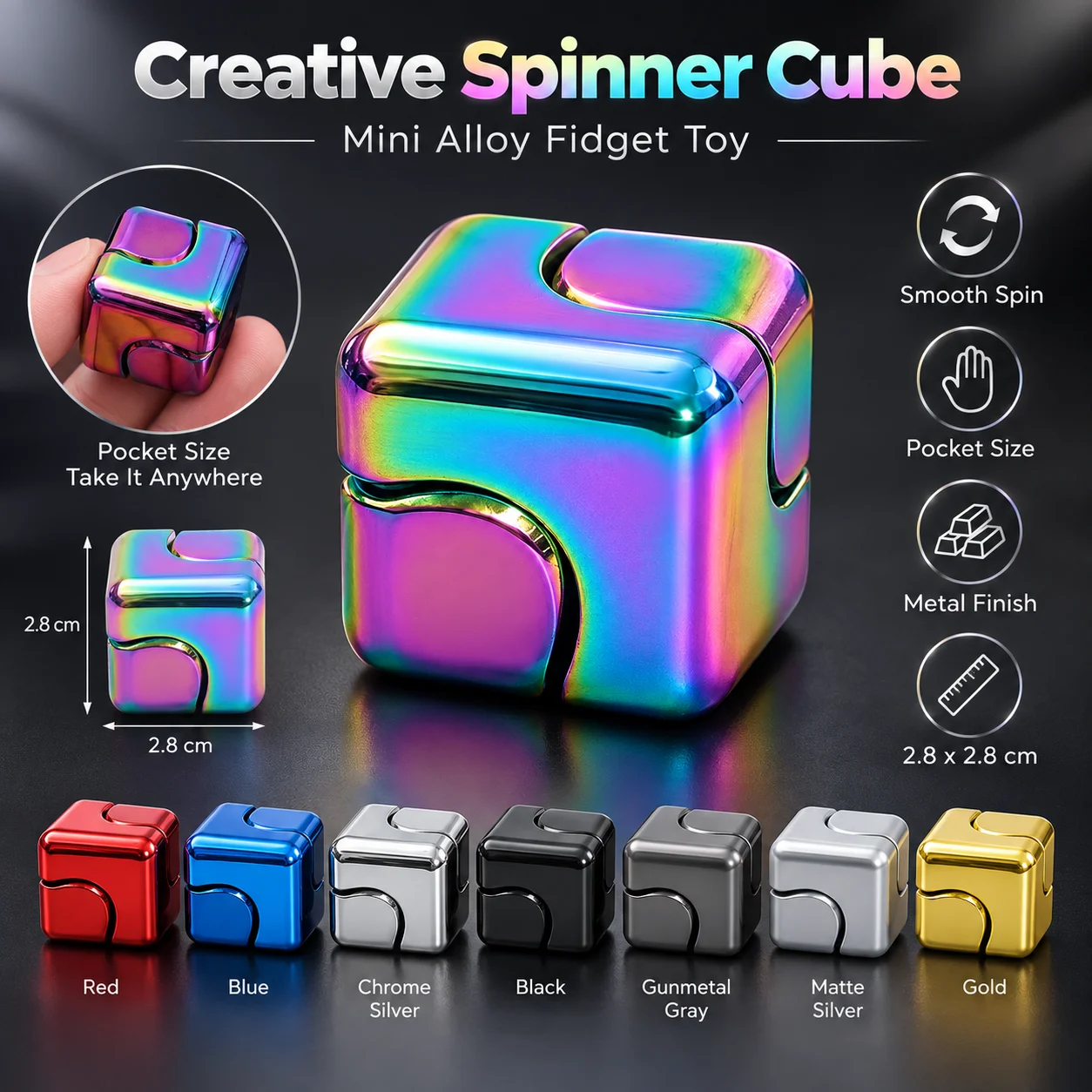 Mini cubo giratorio de aleación, juguete antiestrés de metal, juguete EDC para aliviar el estrés, tamaño de bolsillo, juguete giratorio para dedos, ideal como regalo para adultos y niños. Color aleatorio.